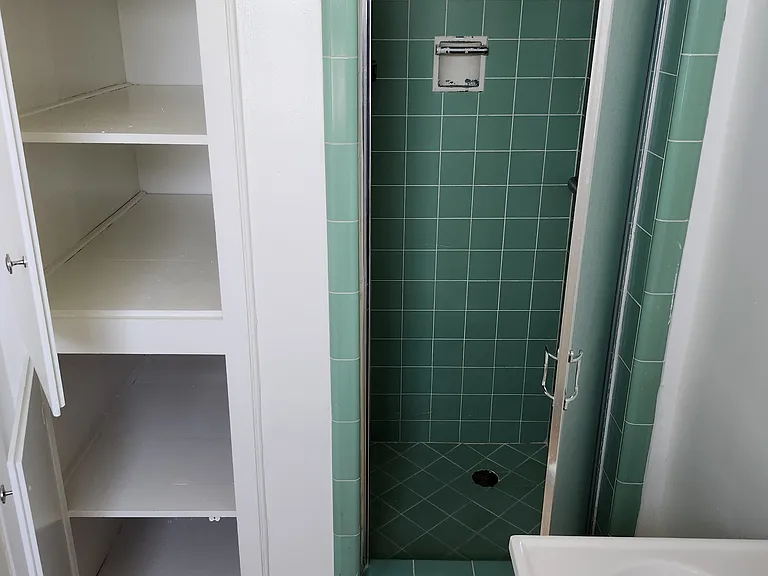 Master shower with original tile and tons of cabinet space!