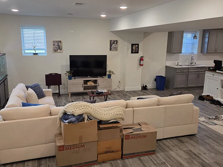 the lower level living room and kitchen