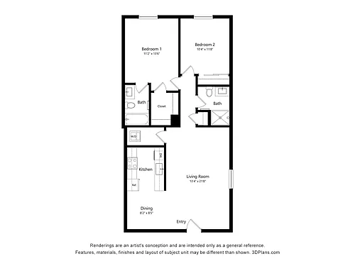 Floor plan 2 Bed, 2 Bath - 1133 Justin