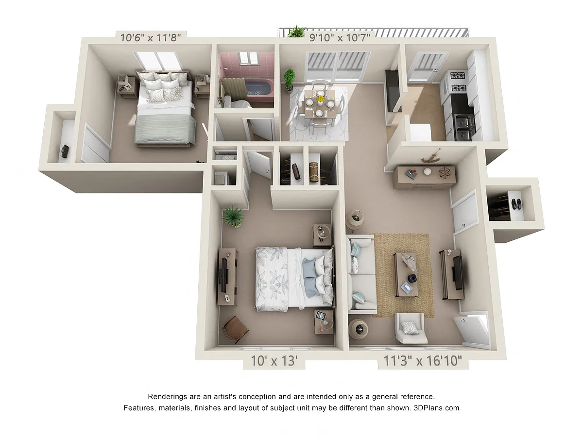 Floor plan 2 Bedroom, 1 Bath B (Patio)