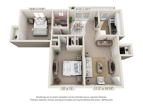 Floor plan 2 Bedroom, 1 Bath B (Patio)