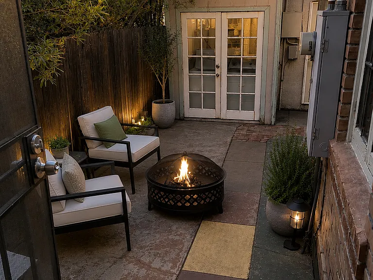 Back yard with washer dryer behind French glass doors