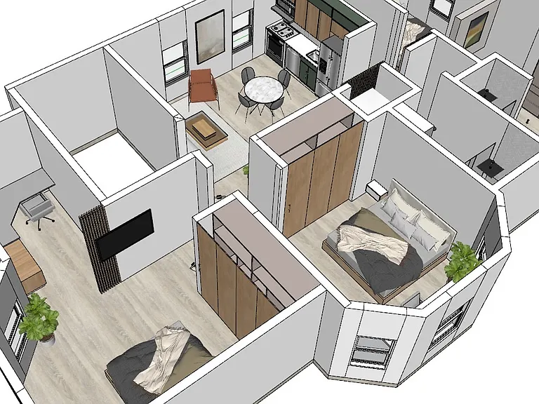 Floor Plan - Bedroom 1 and 3, Kitchen