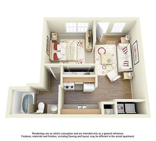 Floor plan Studio 1 Bath Loft- 487 Sq. Ft.