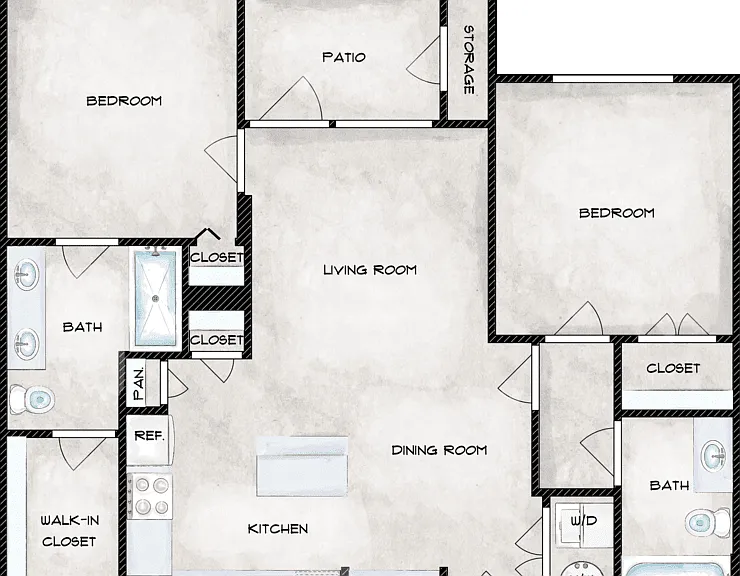 2 Bed 2 Bath A Floorplan Diagram