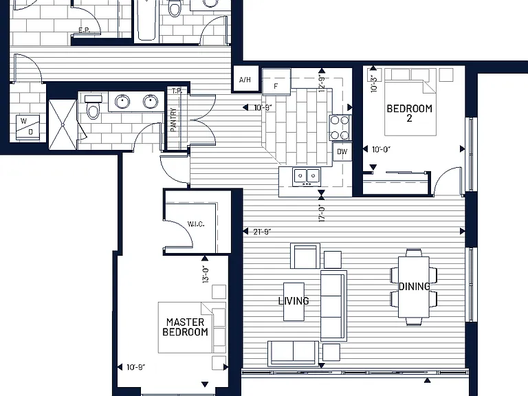 2 Bed
Balcony: 150 sq. ft.
Terrace available in unit 1104
Terrace: 1,080 sq. ft.