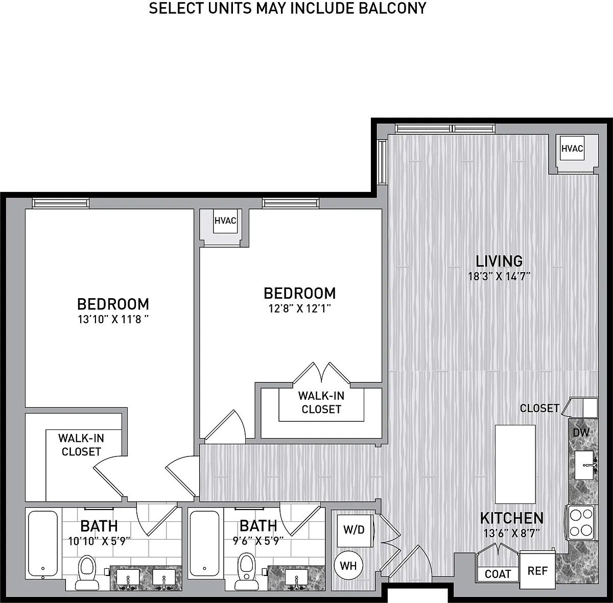 Floor plan 2 Bed 2 Bath-B1.3
