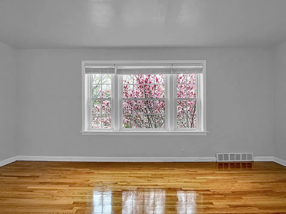 Living Room - salvaged hardwood floors, venetian blinds