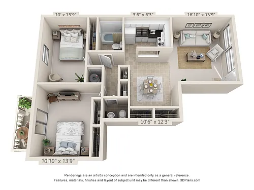 Floor plan 2 Bedroom 1.5 Bathroom Side-by-Side w/ Balcony