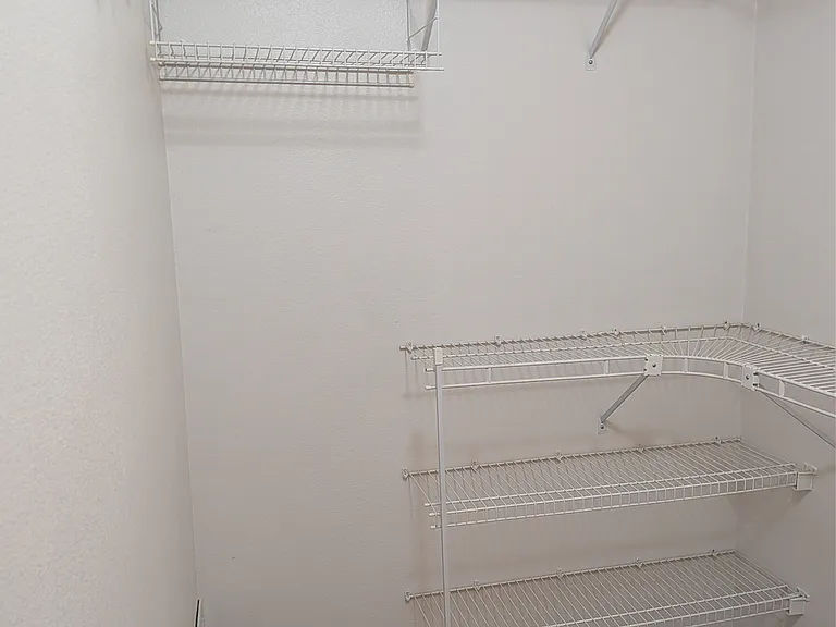 Walk-in closet of Bedroom #1. (I took this in panorama mode, so it only shows half! Two-level wire shelving extends to other half as well!)