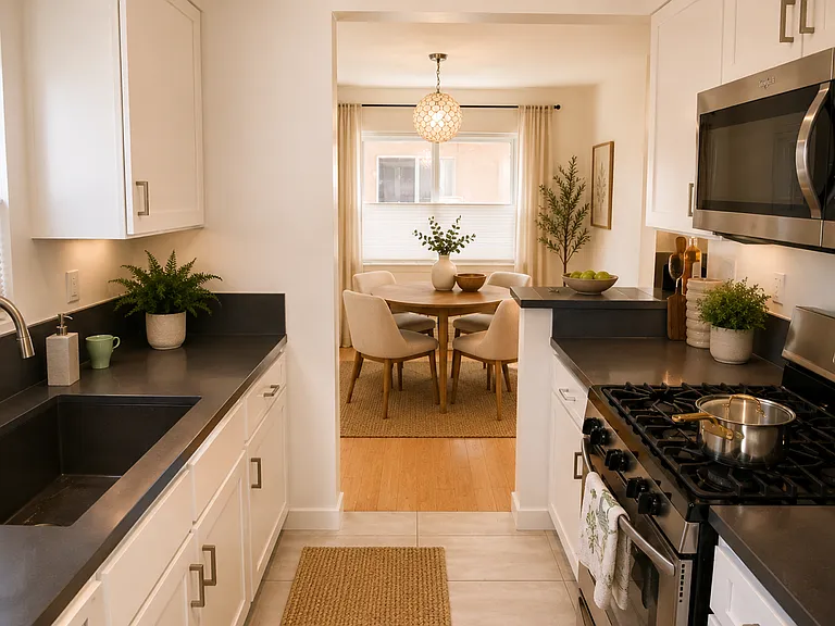 Galley kitchen looking towards dedicated dining area
