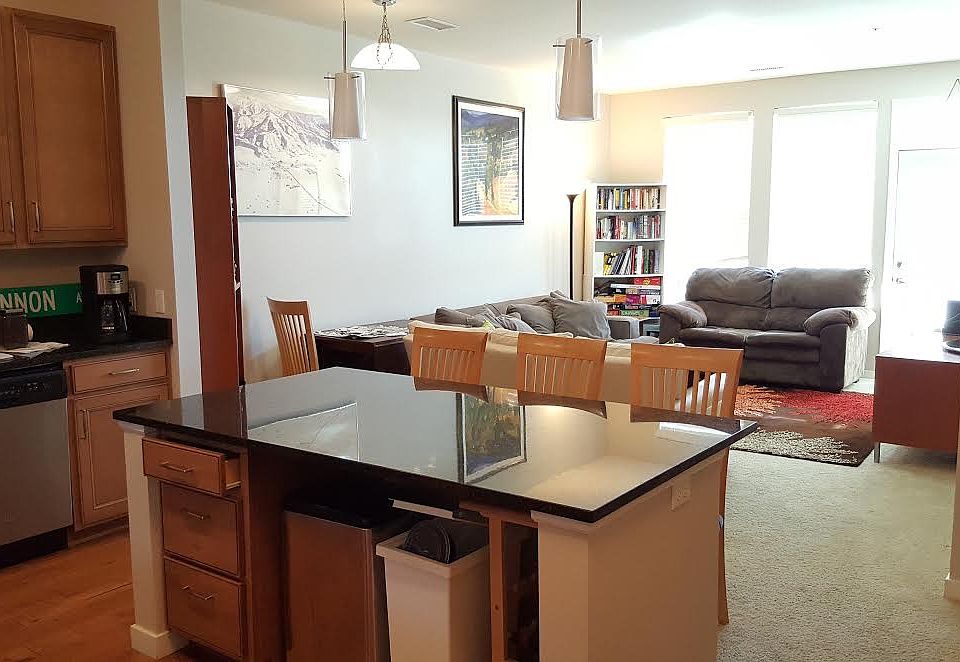 Kitchen view into living room