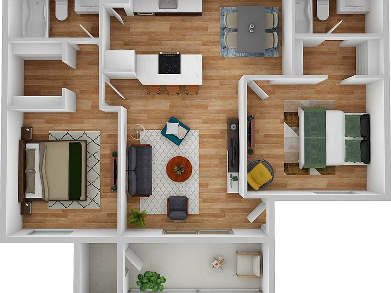 3D Furnished Two-Bedroom, Two-Bathroom Floor Plan 3D Furnished Two-Bedroom, Two-Bathroom Floor Plan