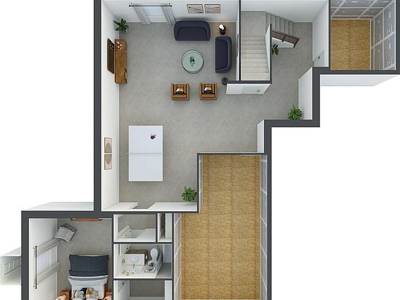 A compact studio apartment layout with a kitchenette, bathroom, and living sleeping area visible in