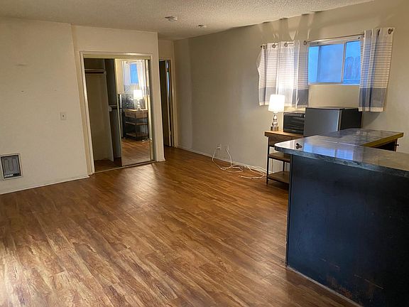 Vinyl wood plank floors, mirrored sliding closet doors, hallway to the bathroom, bar kitchenette