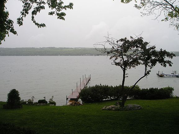 view of lake and dock
