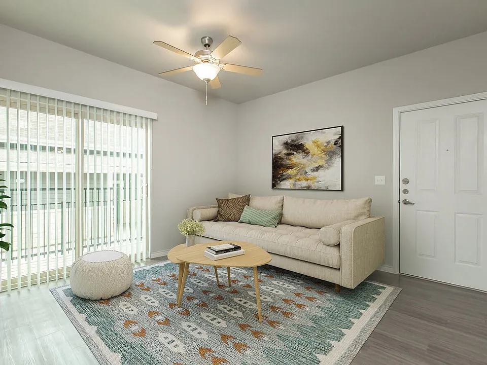 Living spaces include natural lighting, ceiling fans, and wood inspired flooring