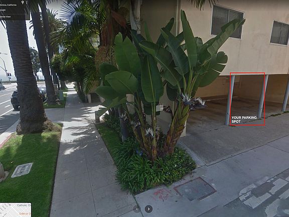 YOUR PARKING SPOT highlighted in red box (google maps note building now has new paint and columns).