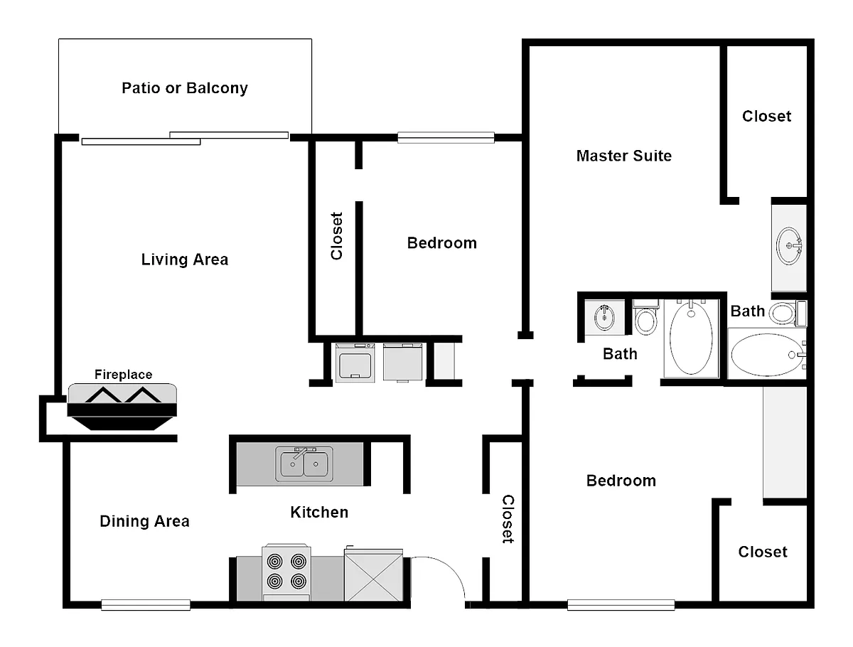Floor plan 3 Bedroom/2 bathroom with Fireplace