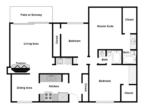 Floor plan 3 Bedroom/2 bathroom with Fireplace