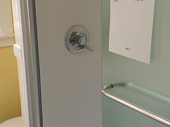 ~1 year old walk in shower. Front view.