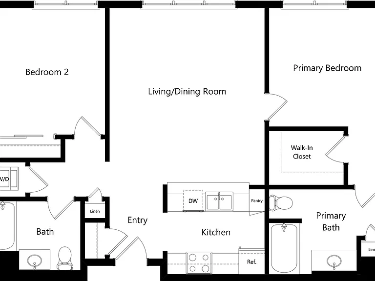 Contemporary floor plan with 2 bedrooms, open living/dining area, modern kitchen, and spacious primary suite with walk-in closet. Contemporary floor plan with 2 bedrooms, open living/dining area, modern kitchen, and spacious primary suite with walk-in clo