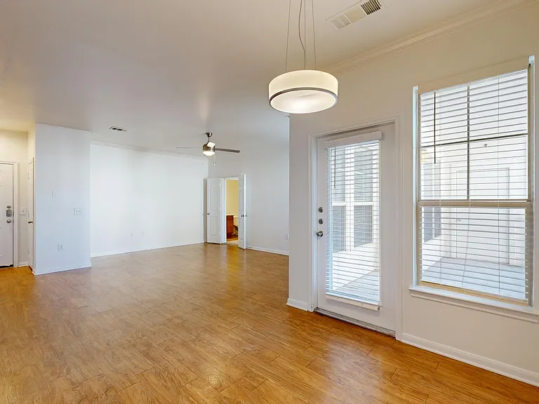 Apartment living room with wood-style flooring.