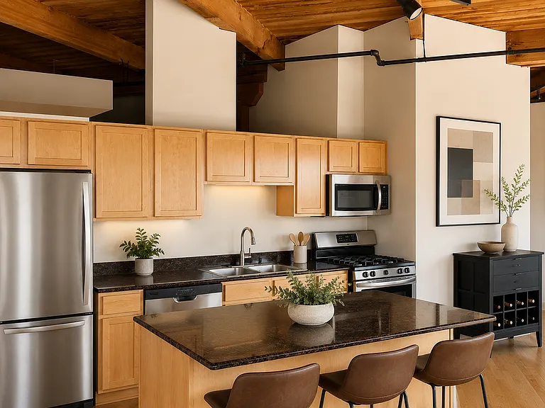 Large, open kitchen with stainless steel appliances. Dishwasher, microwave, stove, and fridge