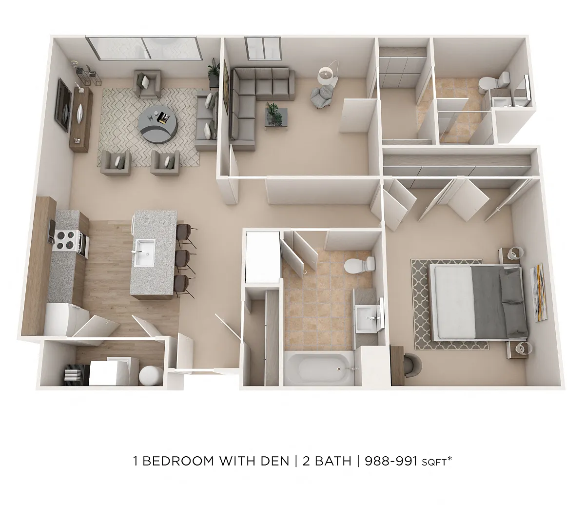 Floor plan One Bedroom 2 Bath w/ Den- 988-991 sqft
