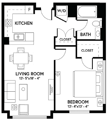 Floor plan 1 Bed/1 Bath - A1 AFF Income Restricted