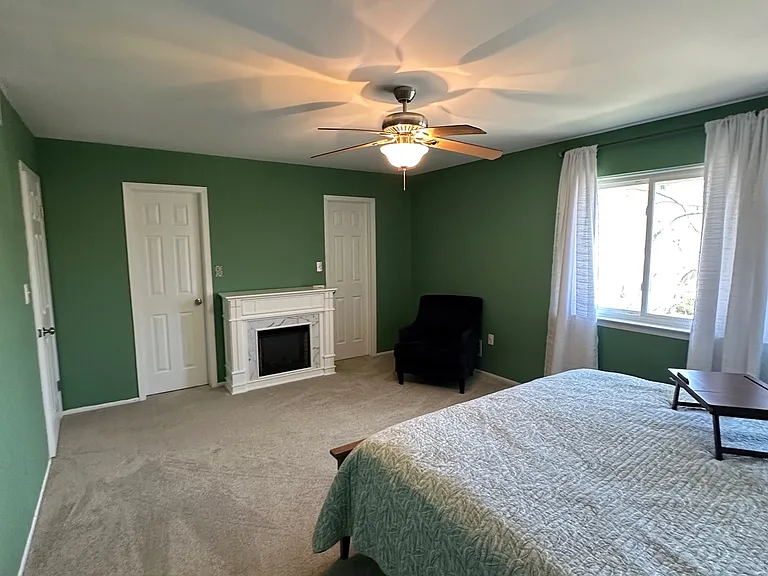 Electric fireplace in master bedroom offers cozy comfort. Two spacious walk-in closets and private master bathroom.