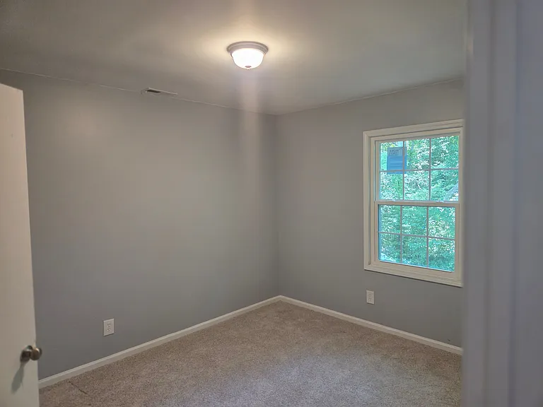 Bright and inviting bedroom featuring soft neutral carpeting, modern gray walls, and a large window that fills the space with natural light. The versatile layout provides ample room for a bed, dresser, and workspace, making it ideal as a guest room, child