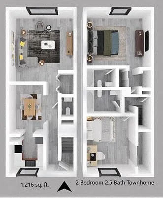 Floor plan Two Bedroom 2.5 Bath Townhouse - The Elevate