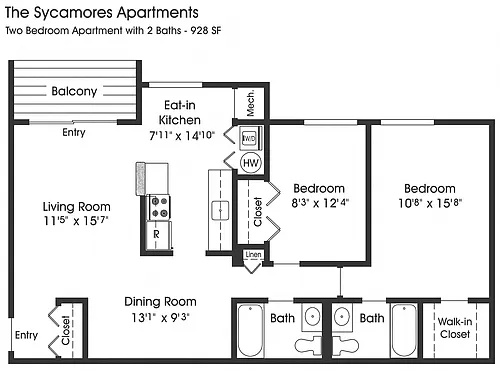 Floor plan 2BR 2BA (928sf)