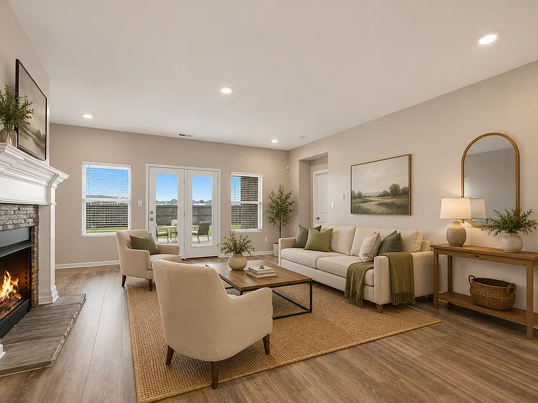 Virtual staging - living area open to back patio and backyard.