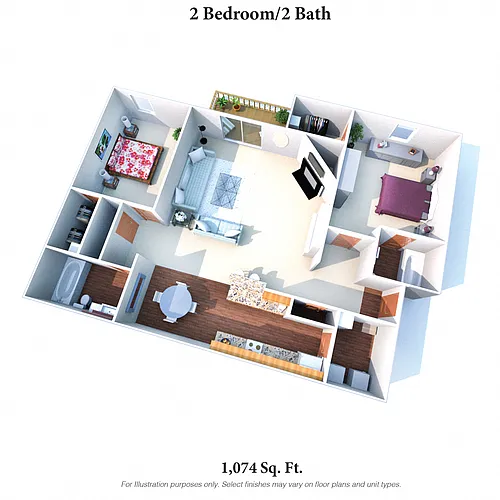 Floor plan The Meadowlark: Two Bedroom Two Bath - 1,074SqFt