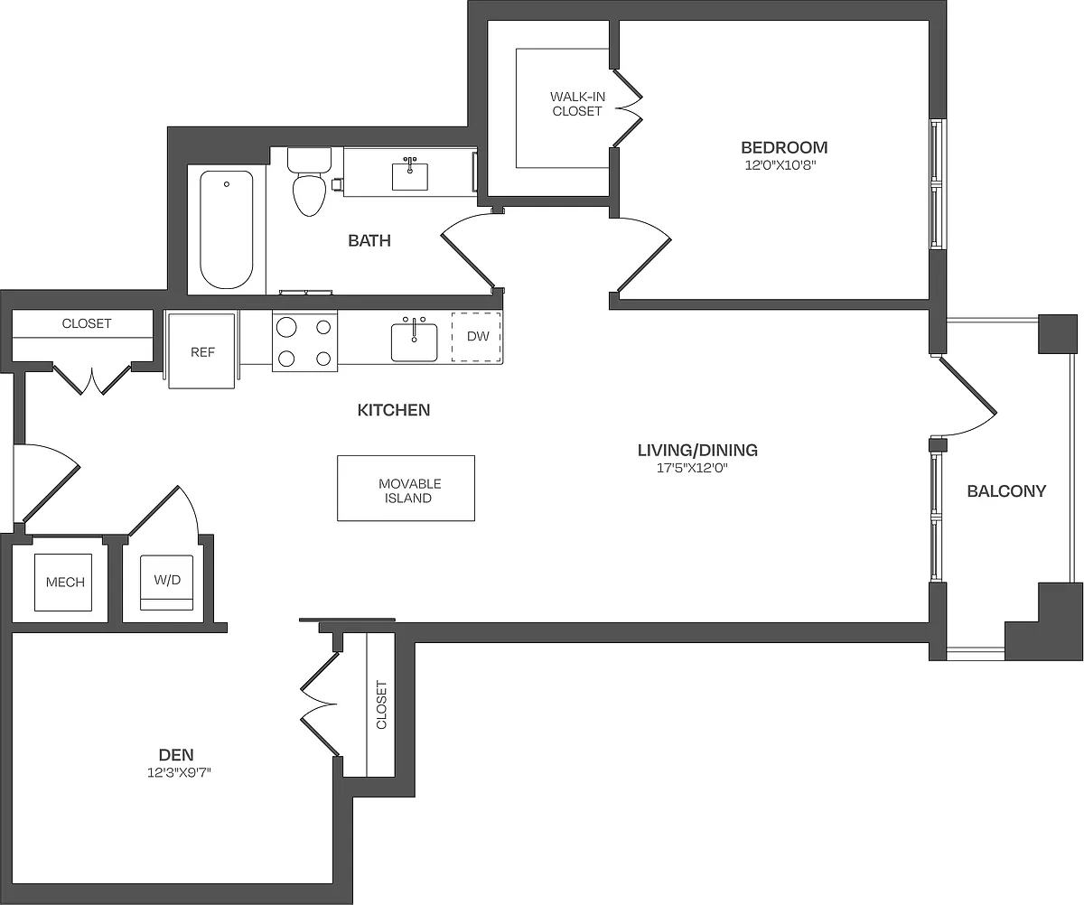 Floor plan 1 Bed/1 Bath Den-B06