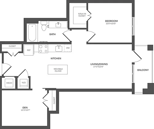 Floor plan 1 Bed/1 Bath Den-B06