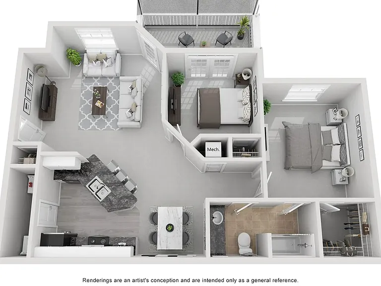 A 3D floor plan layout of our 2x1 floor plan, The Berkley.
