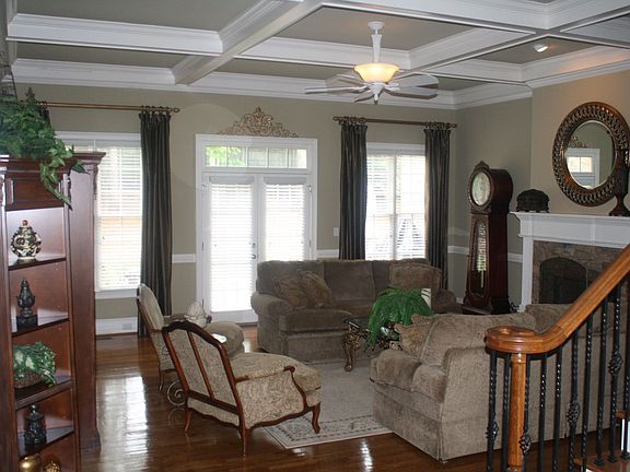 Family Room with Fireplace and coffered ceiling