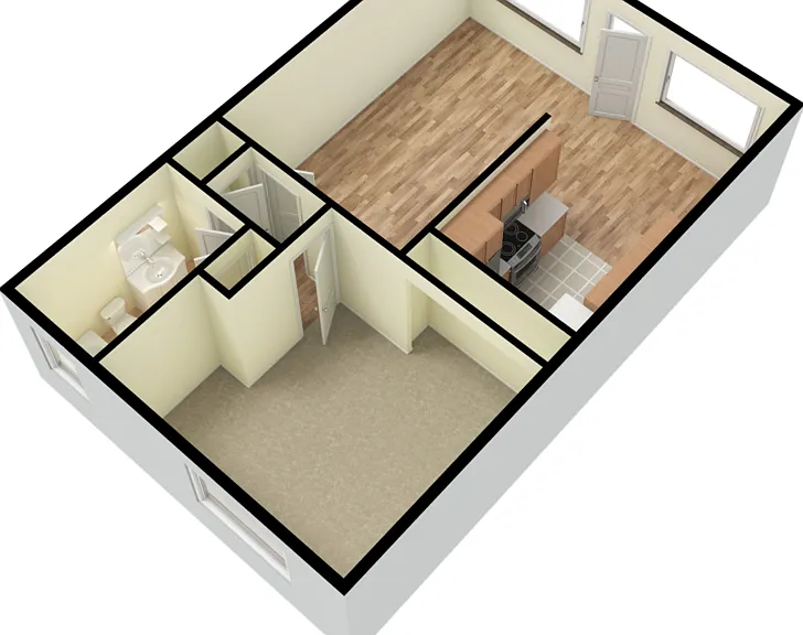 One bedroom, one bathroom