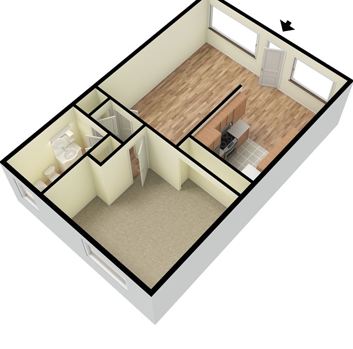 One bedroom, one bathroom