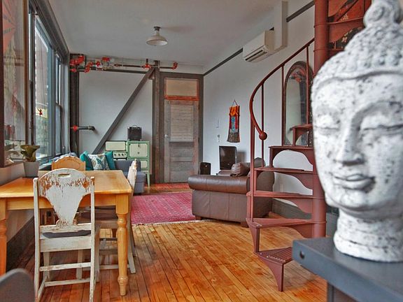 view from kitchen island into living area
