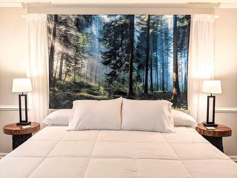 Master King Bedroom with early morning lite tapestry behind the bed.