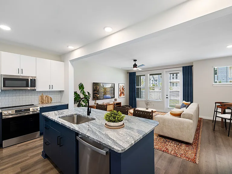 Spacious townhome kitchen and living area