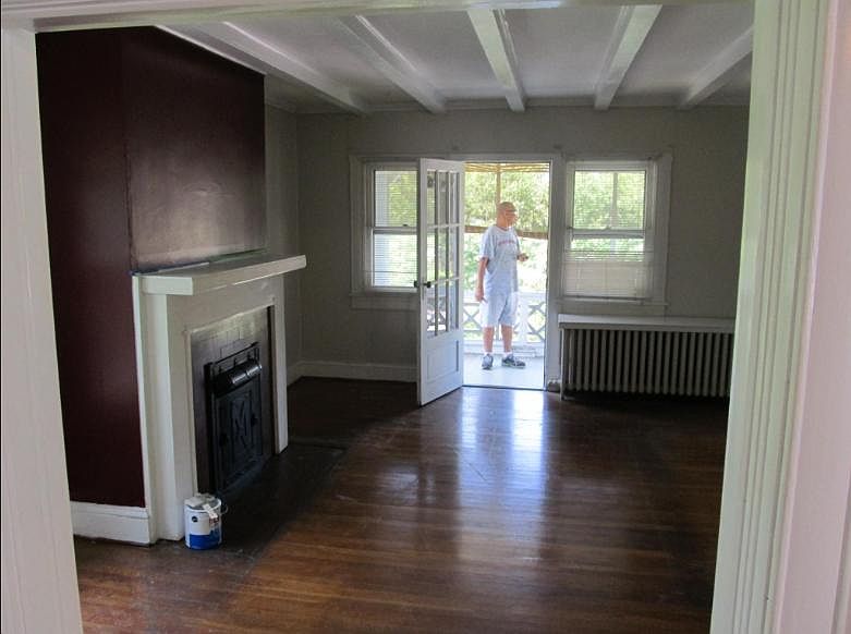 Beam ceiling in Living room looking toward front screen porch.
