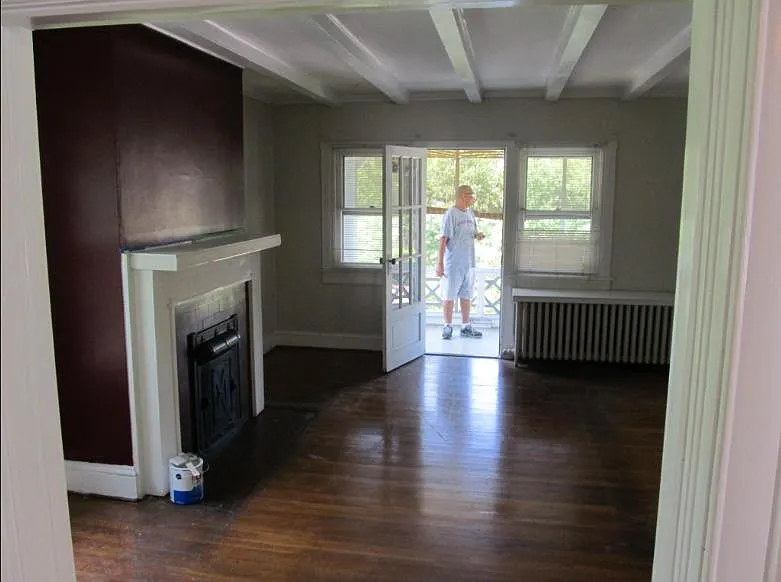 Beam ceiling in Living room looking toward front screen porch.