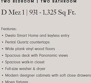 Features of the penthouse double level 2bed/2bath apartments.