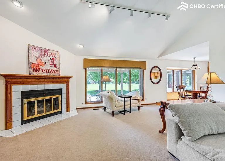 Fireplace with chase lounge or modular sectional piece
