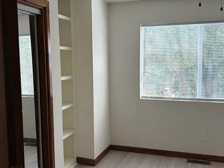 First bedroom bookshelf and closet